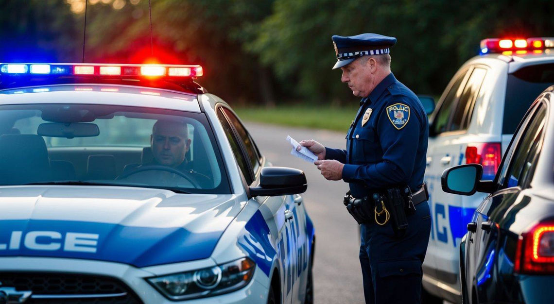 A car pulled over by police, with red and blue lights flashing, and a driver being given a field sobriety test